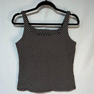 Womans lined, brown and white polka dot tank top. Stretchy. Size large. Rounded